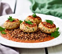 Котлеты из индейки с гречкой и томатно-сливочным соусом