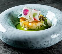 Тартар из океанической рыбы эсколар с копчеными сливками и икрой щуки