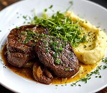 Томленные говяжьи щечки с картофельным пюре 