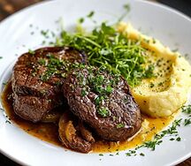Томленные говяжьи щечки с картофельным пюре
