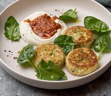 Шпинатные сырники с песто из вяленых томатов